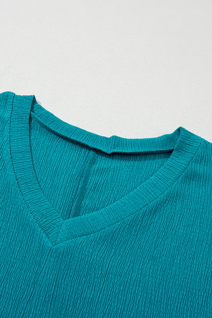 Blue Sapphire Crinkled V Neck Wide Sleeve T-shirt