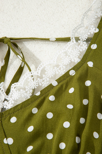 Green Polka Dot Lace Trim Smocked Maxi Dress