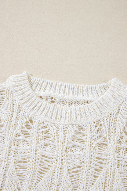 White Cut Out Crochet Crew Neck Loose Fit Sweater