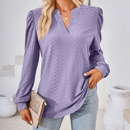 Women's V Neck Puff Sleeve Textured Tunic Top Long Sleeve