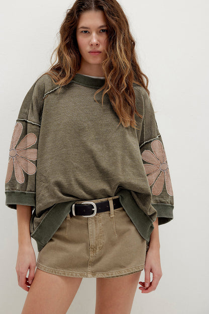 Mineral Wash Floral Patchwork Oversized Raw Seam Top