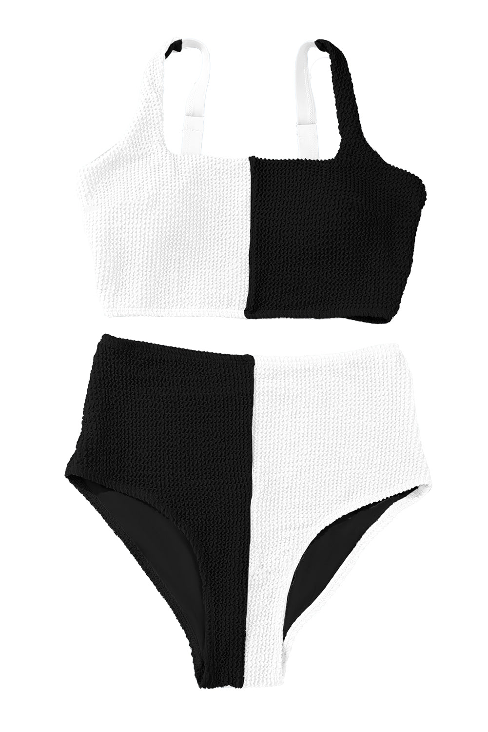 Black Corded Solid Square Neck Bikini Swimsuit