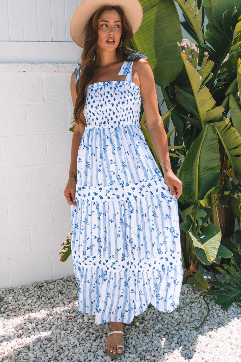 Sky Blue Floral Smocked Tiered Maxi Dress