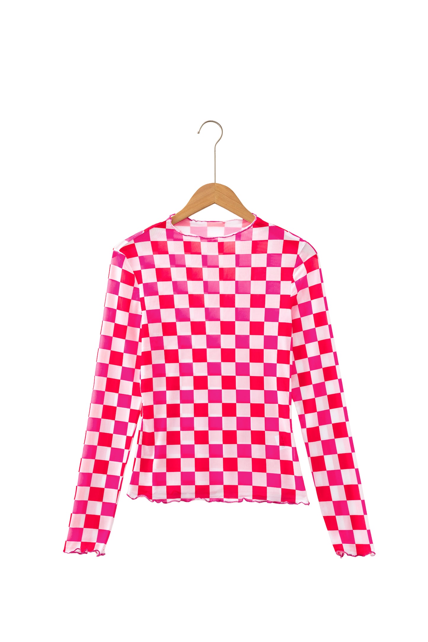 Rose Checkerboard Mesh Long Sleeve Fitted Top