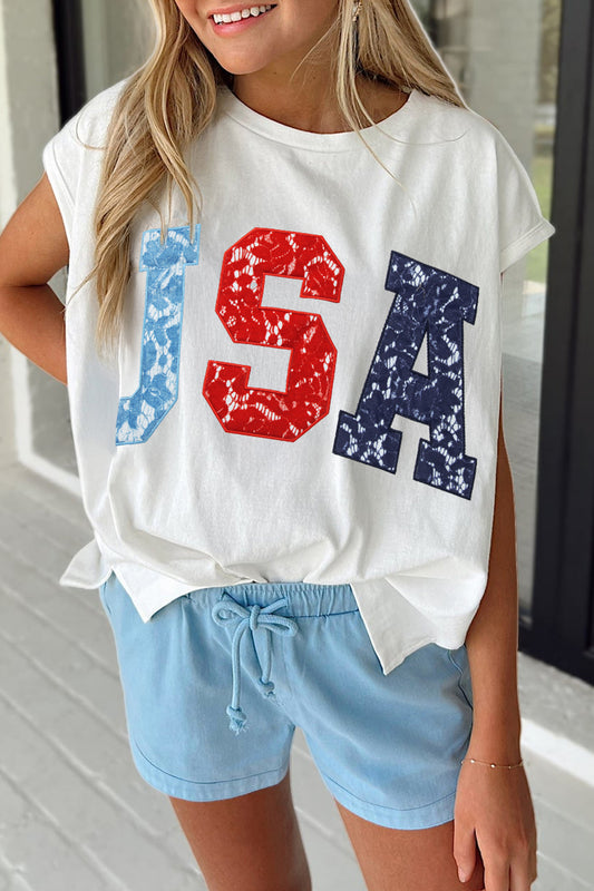 USA Lace Letter Dolman Tee Flag Day July 4th Top