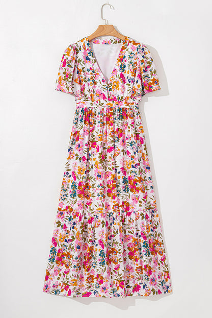 Easter Floral V Neck Short Sleeve Boho Maxi Dress
