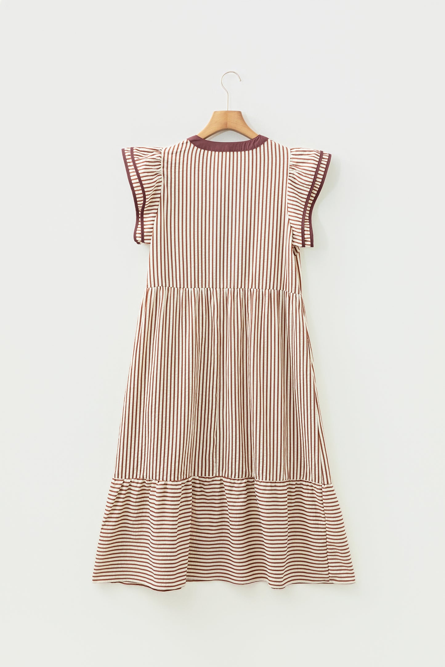 Black Stripe Ruffle Sleeve Contrast Trim V Neck Midi Dress