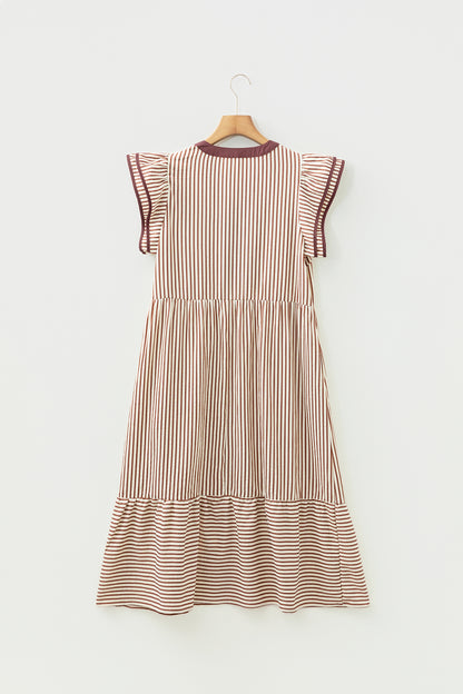 Black Stripe Ruffle Sleeve Contrast Trim V Neck Midi Dress