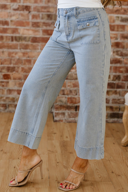 Sky Blue Pinstripe Wide Leg Jeans with Button Flap Pockets