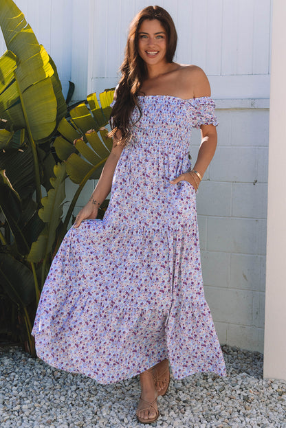 Purple Floral Off Shoulder Smocked Maxi Dress
