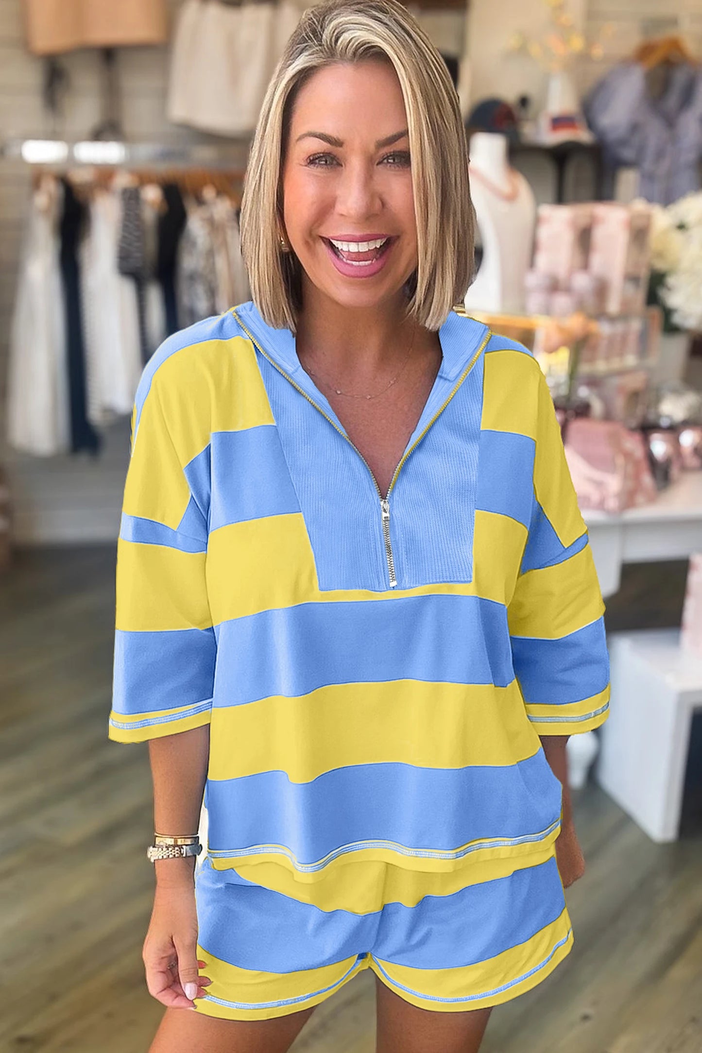 Sky Blue Stripe Seam Detail Half Zip Oversize Tee Casual Shorts 2pcs Set