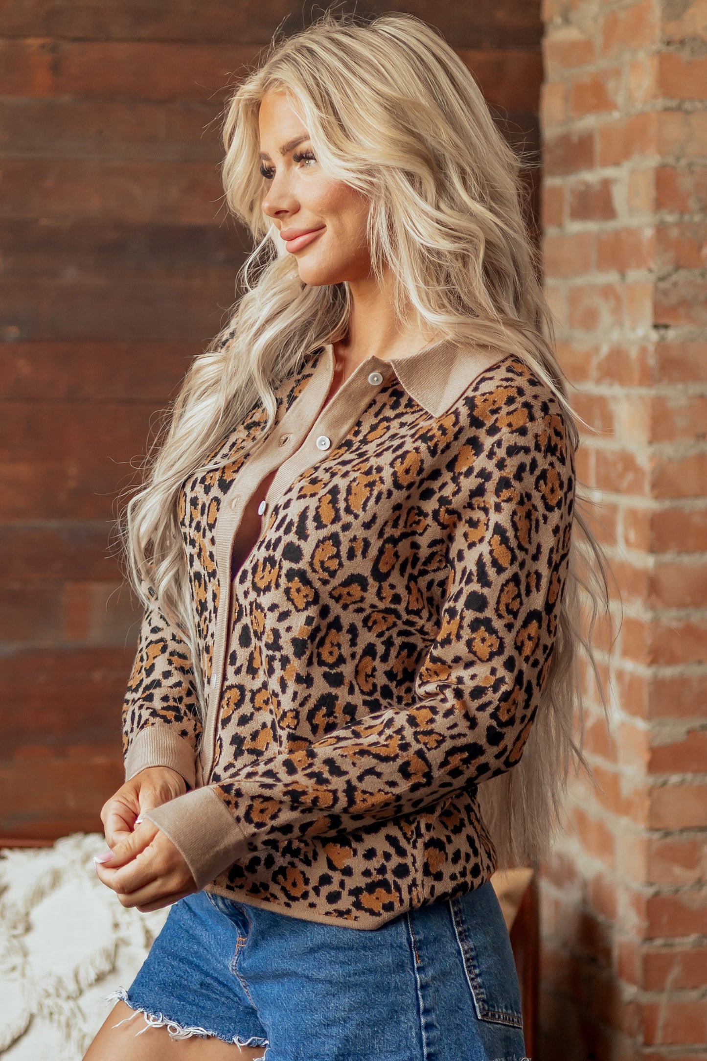 Leopard Print Button Up Knit Cardigan Top