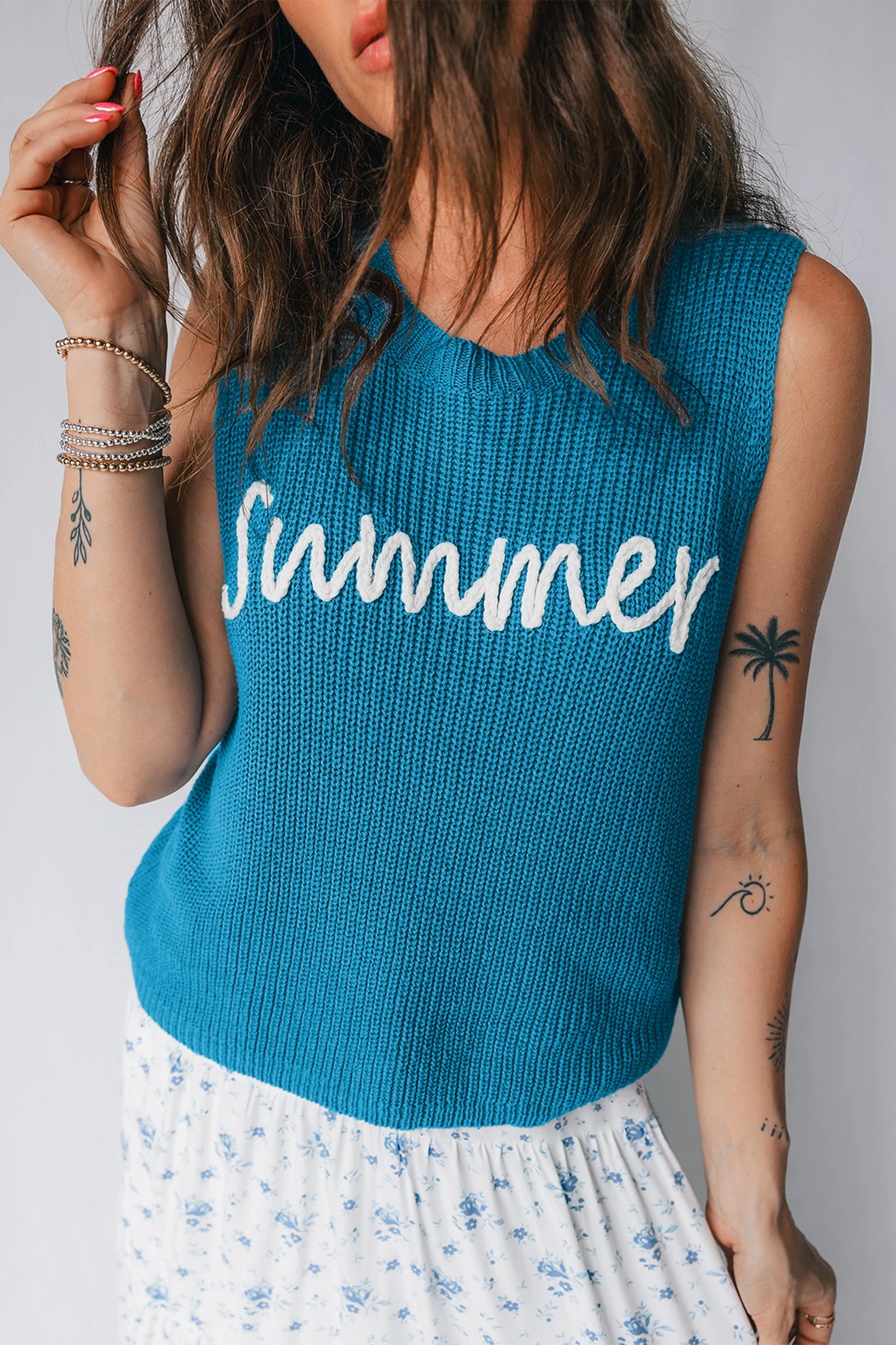 Summer Script Graphic Dusk Blue Sleeveless Knit Sweater Vest