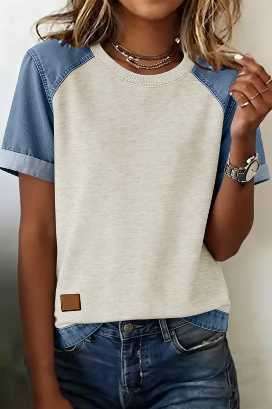 Beige Denim Patchwork Color Block Casual Crew Neck Tee