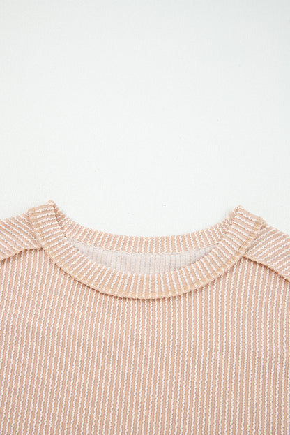 Dark Khaki Twist Ribbed Exposed Seam Detail Long Sleeve Loose Top