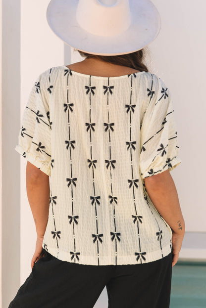 Women’s Beige Bow Print Puff Sleeve Casual Top