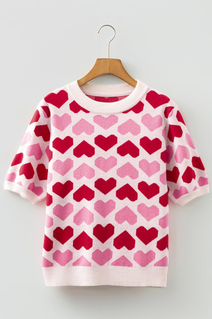 Pink Heart Print Short Sleeve Knit Sweater Valentine Top