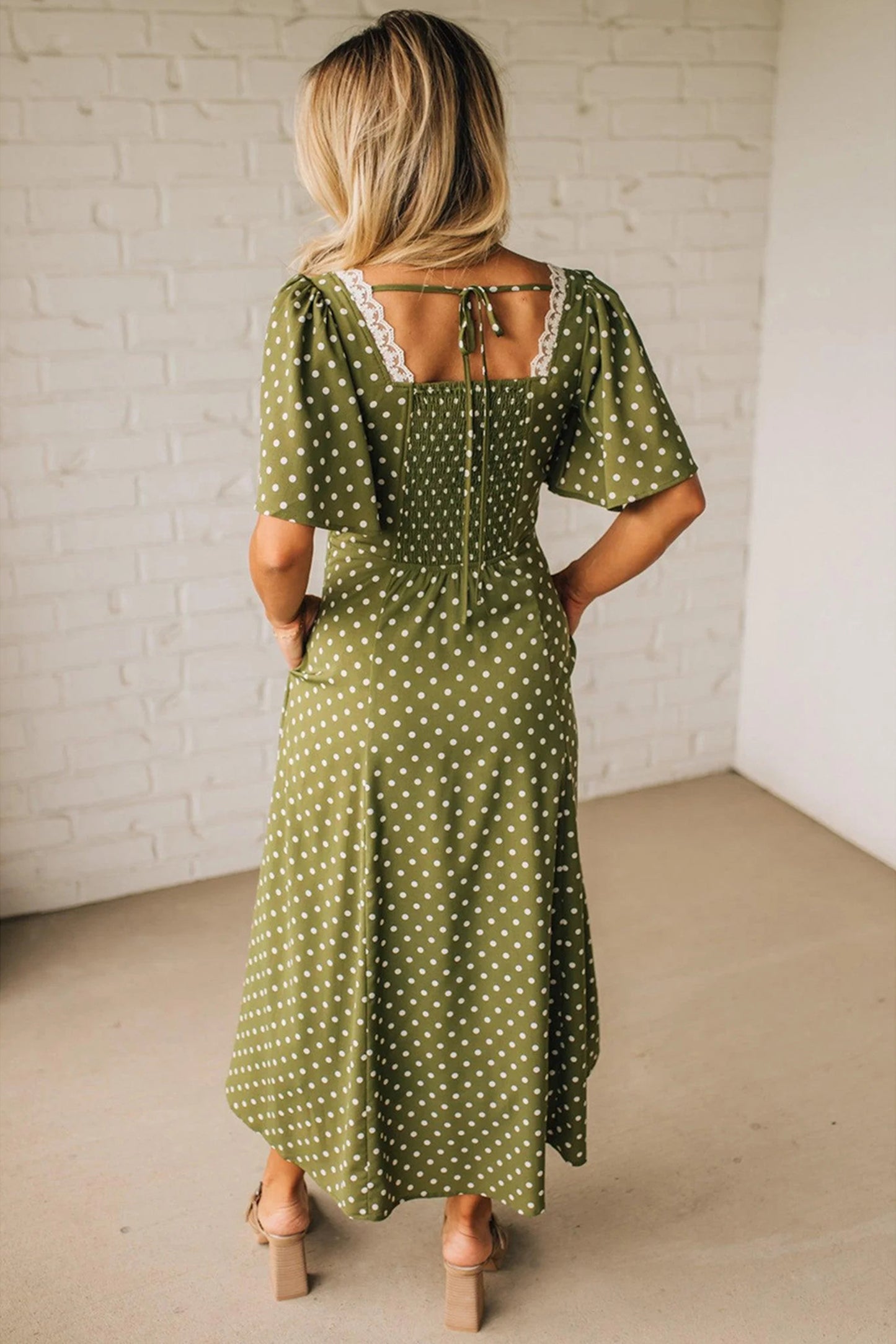 Green Polka Dot Lace Trim Smocked Maxi Dress