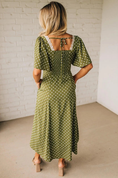Green Polka Dot Lace Trim Smocked Maxi Dress