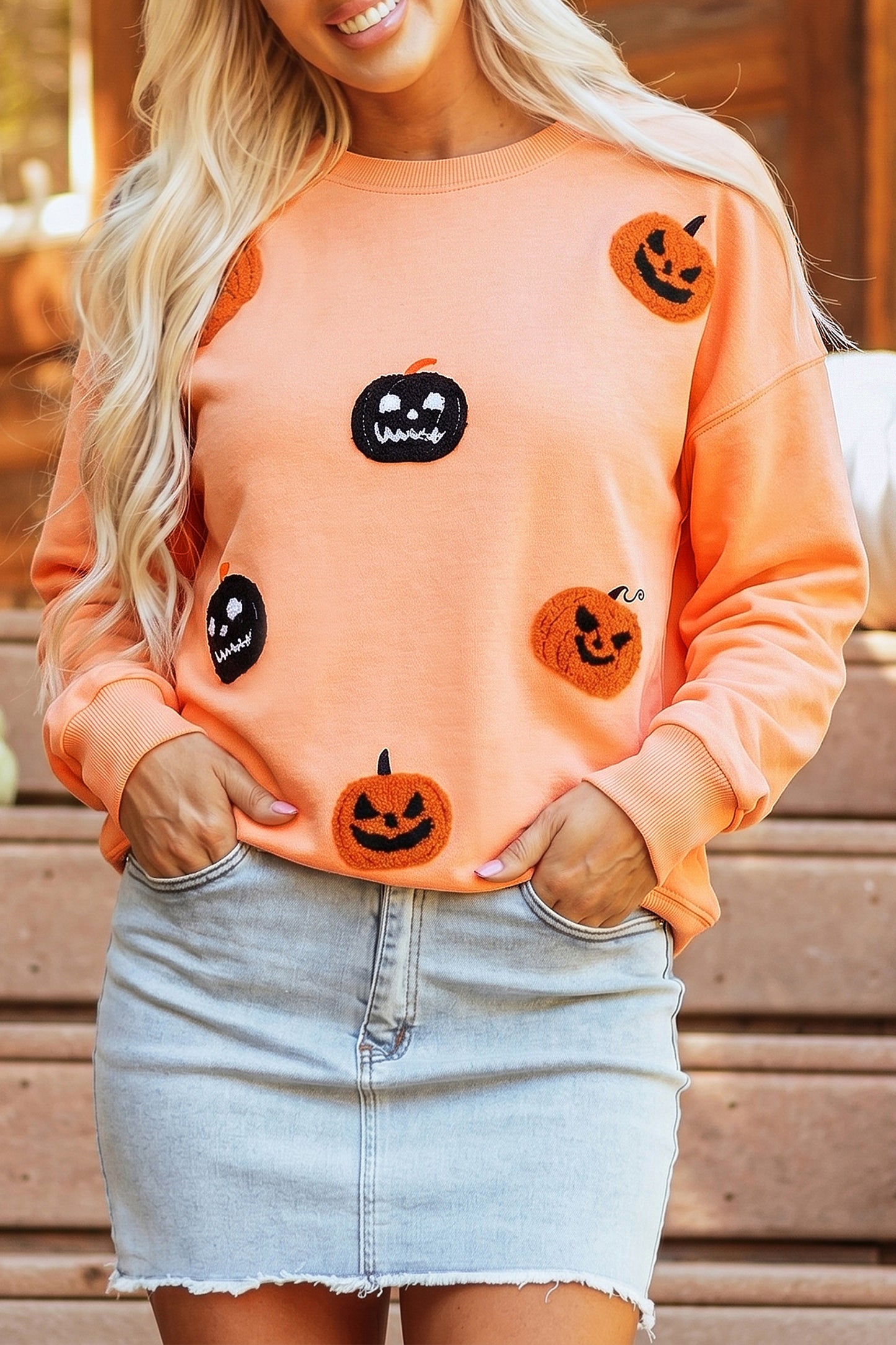 Pumpkin Sweatshirt Halloween Embroidered Oversized Fit