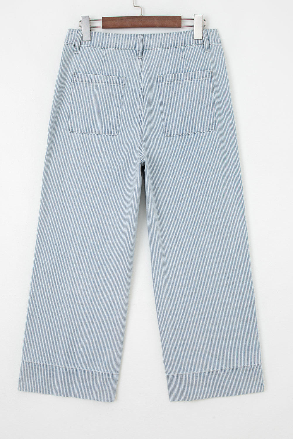 Sky Blue Pinstripe Wide Leg Jeans with Button Flap Pockets