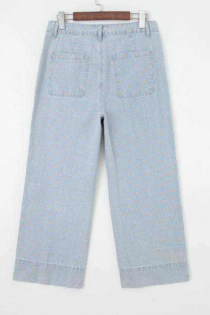 Sky Blue Pinstripe Wide Leg Jeans with Button Flap Pockets