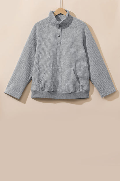 Light Grey Textured Snap Buttons Pullover Plus Size Sweatshirt