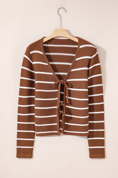 Chestnut Striped Knit Tie Front V Neck Cardigan Sweater