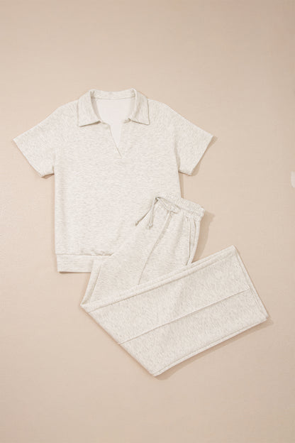 Light Grey Polo Tee & Drawstring Casual Pant Set – Sporty Chic
