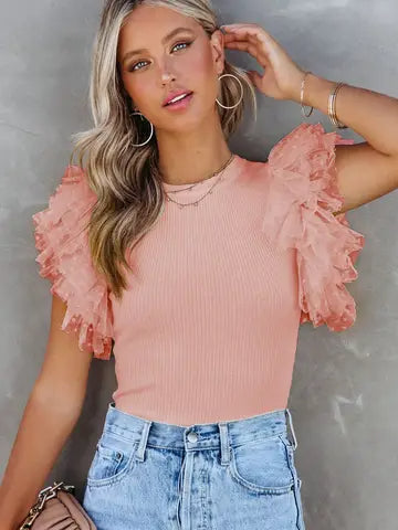 White Polka Dot Mesh Ruffle Sleeve Ribbed Knit Top