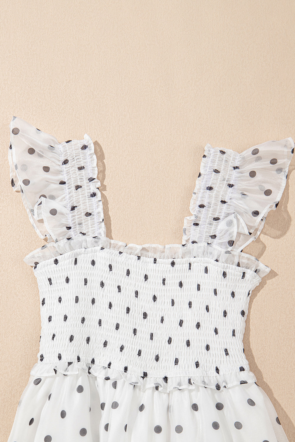 White Polka Dot Smocked Square Neck Flutter Maxi Dress