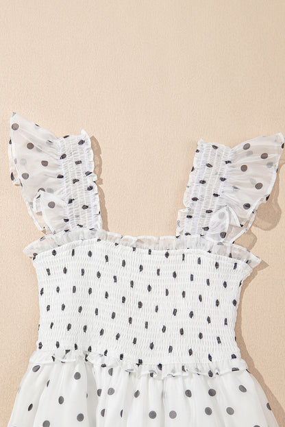 White Polka Dot Smocked Square Neck Flutter Maxi Dress