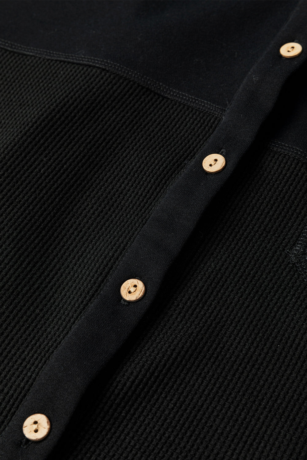 Black Waffle Knit Button Down Shacket Oversized Long Sleeve Top