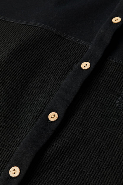 Black Waffle Knit Button Down Shacket Oversized Long Sleeve Top