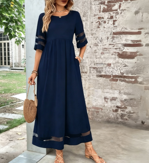 Plus Size Mesh Sleeve Maxi Dress with Pockets A-Line