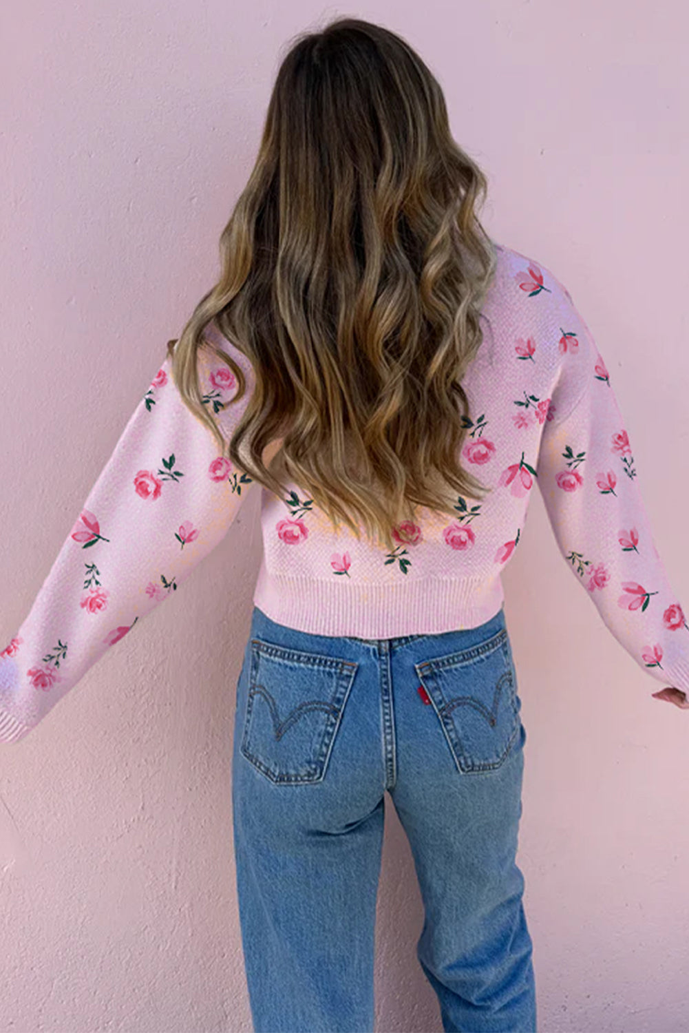 Sweet Floral Print Drop Shoulder Cropped Knit Sweater