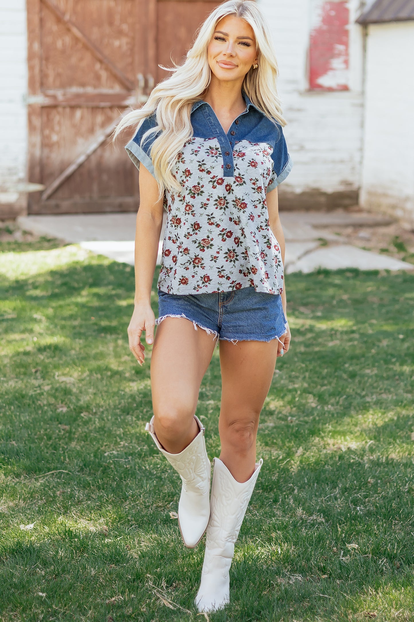 Floral Color Block Polo Henley Button Casual Top