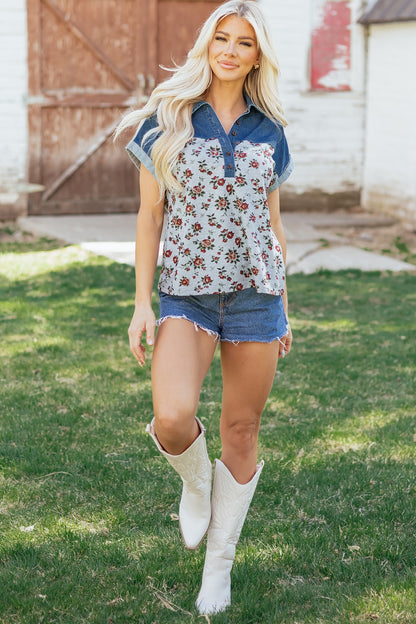 Floral Color Block Polo Henley Button Casual Top