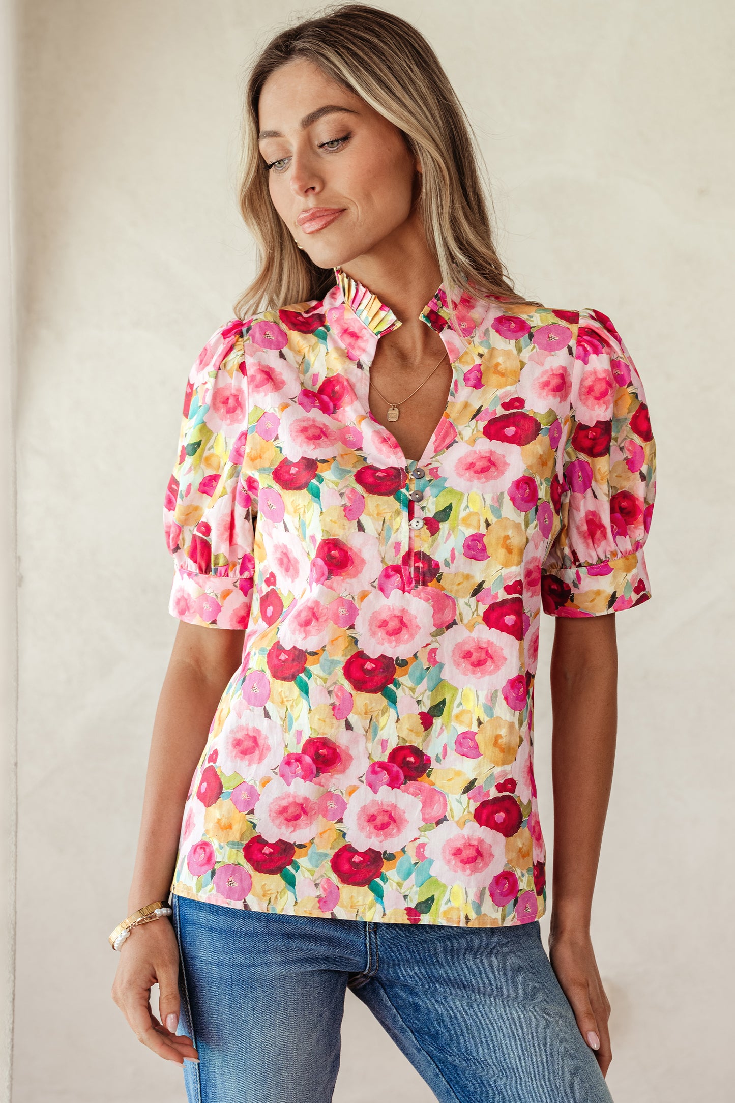 Pink Floral V Neck Puff Sleeve Blouse