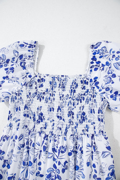 Blue Floral Square Neck Smocked Maxi Dress