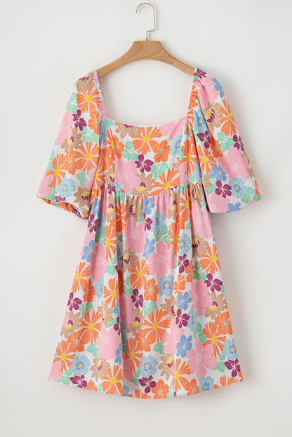 Pink Floral Square Neck Puff Sleeve Babydoll Dress