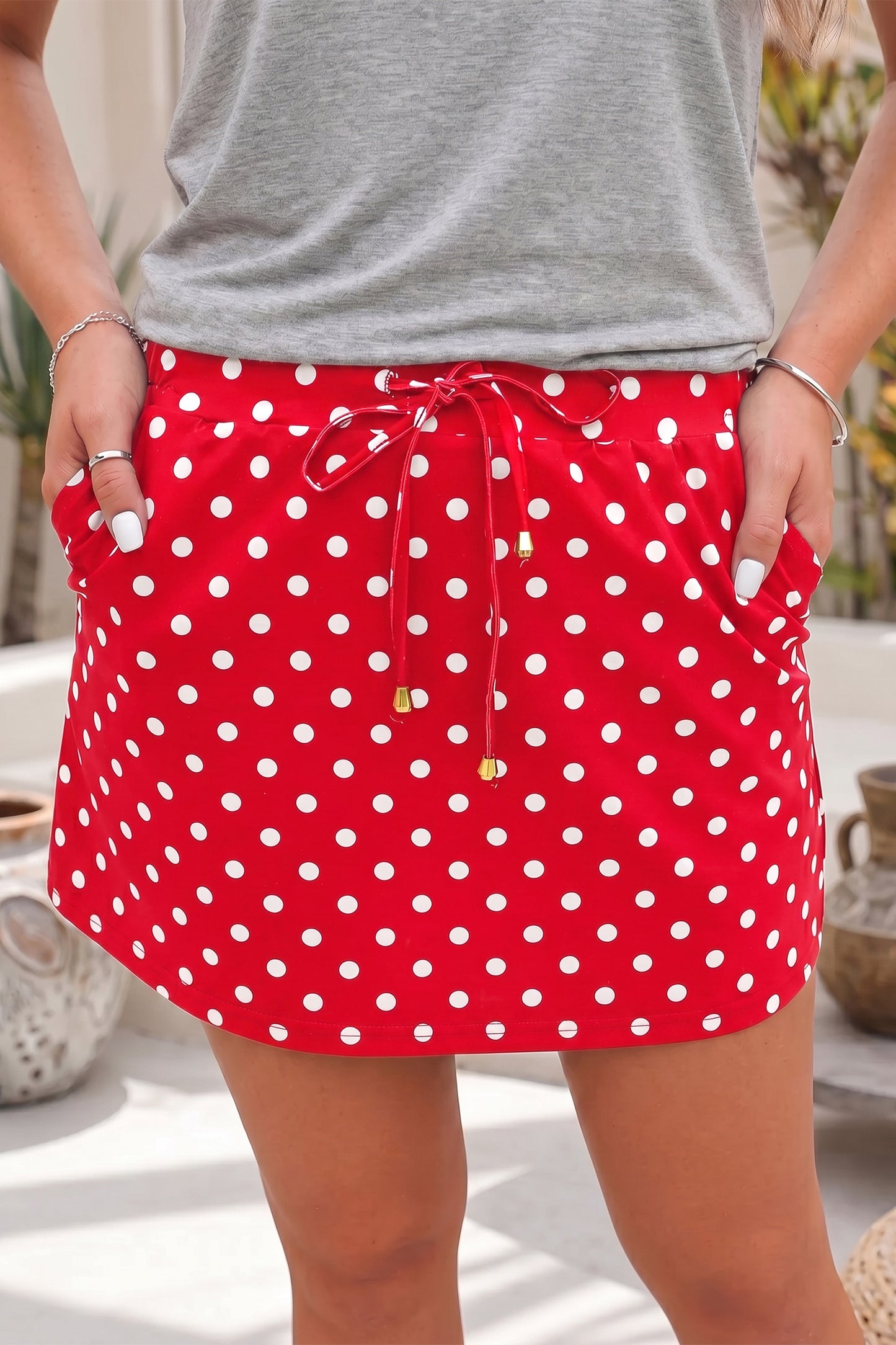 Fiery Red Polka Dot Drawstring Pocket Mini Skort Skirt