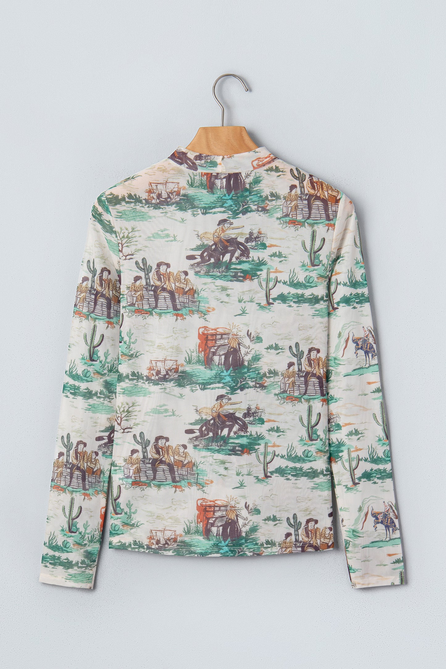 Western Cowboy Print Mock Neck Long Sleeve Fitted Top