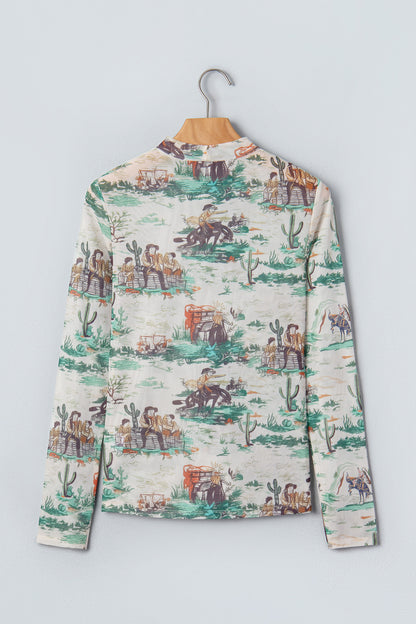 Western Cowboy Print Mock Neck Long Sleeve Fitted Top