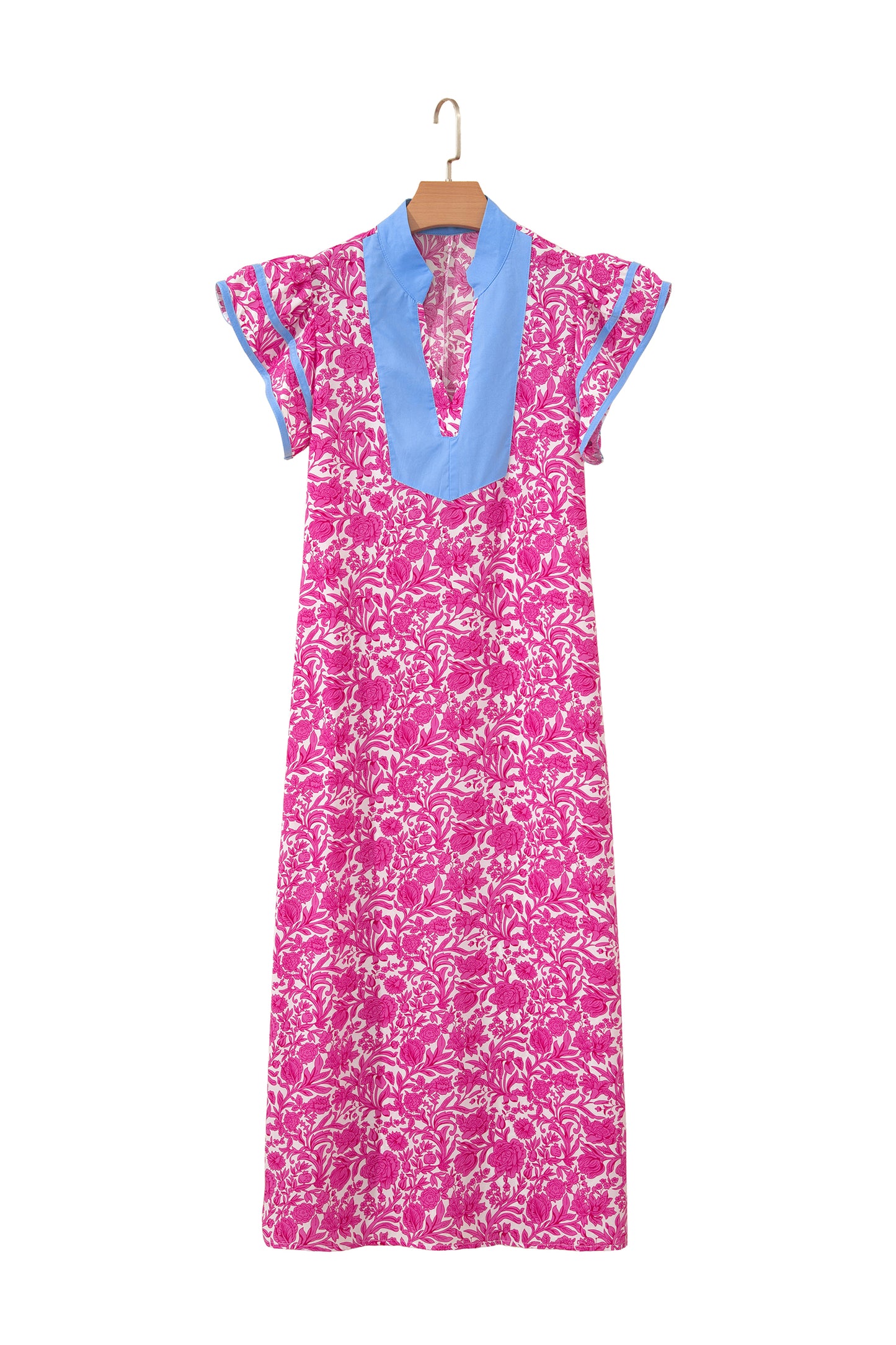 Floral Color Block V Neck Flutter Sleeve Midi Dress