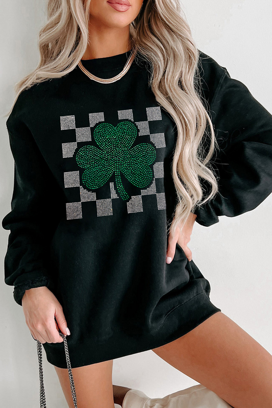 Black Rhinestone Clover Checkered St Patrick’s Sweatshirt