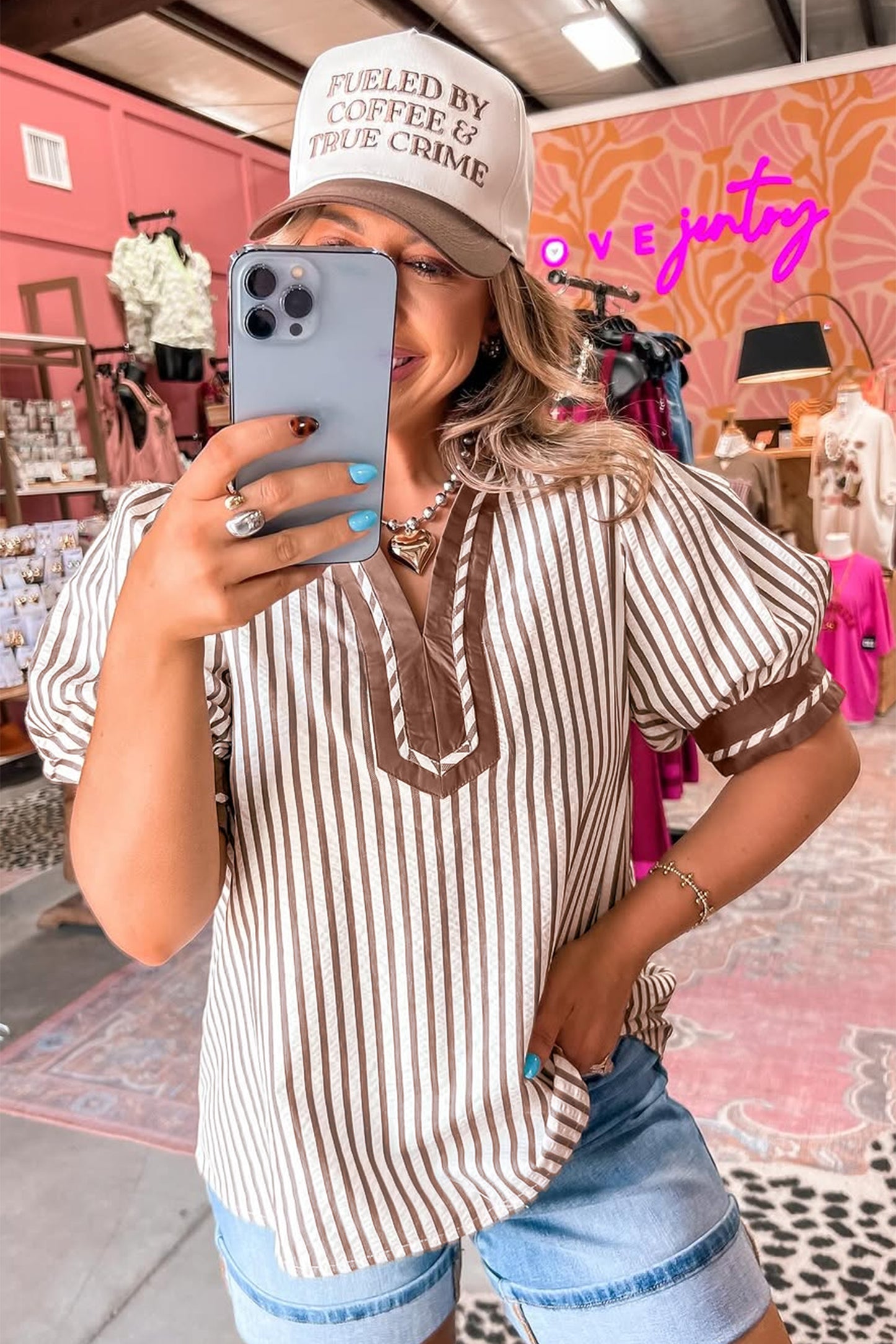 Khaki Striped Split Neck Puff Sleeve Blouse Top