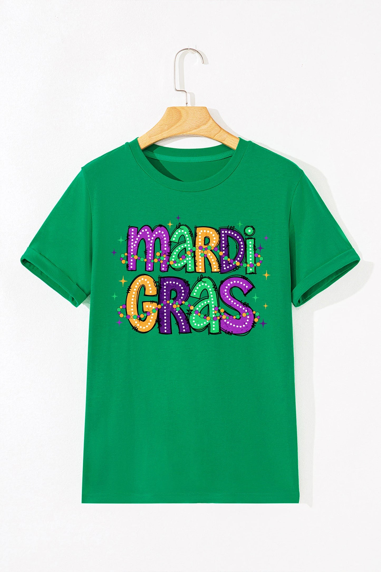 Green Mardi Gras Graphic Tee Colorful Letter Print Top