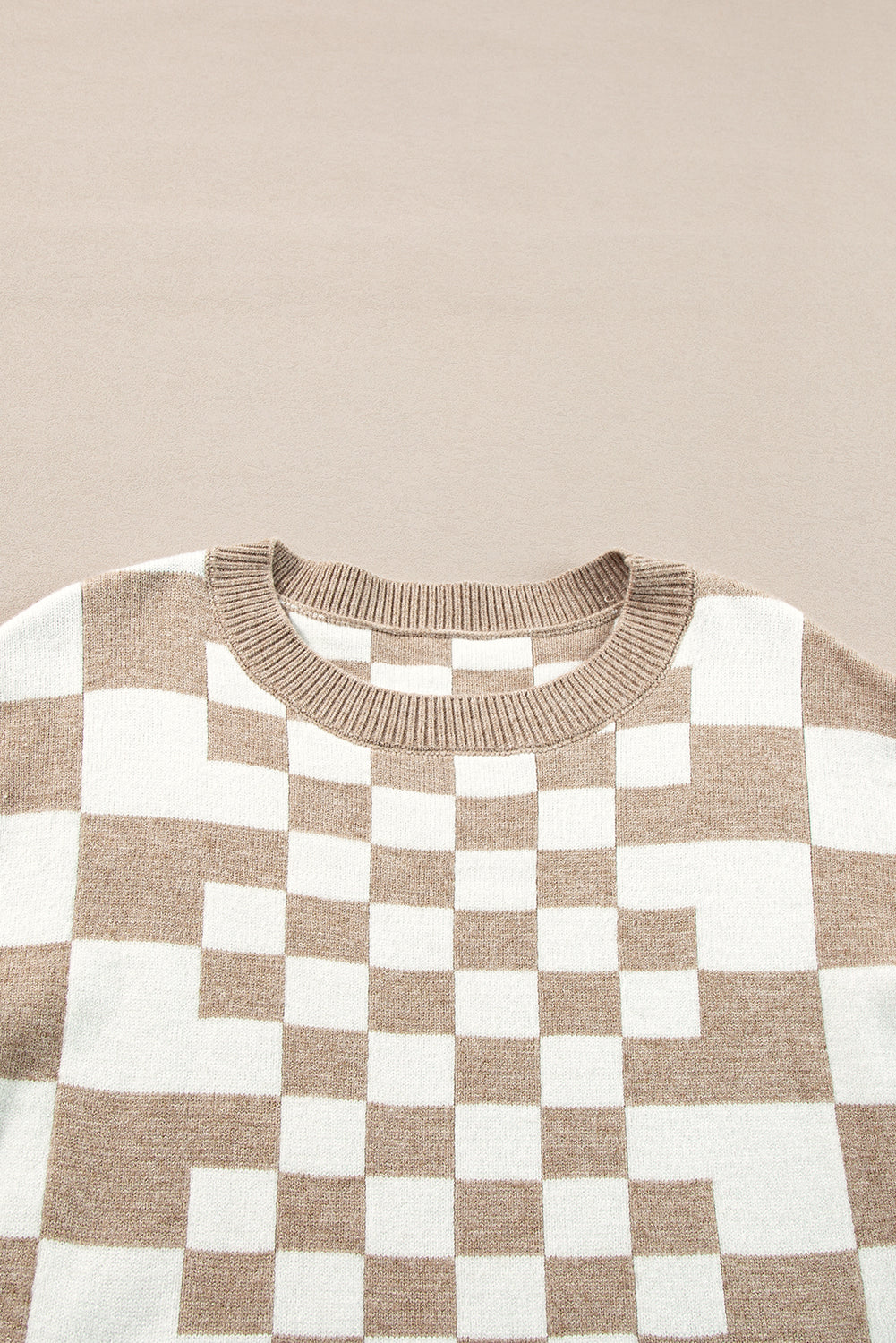 Brown Checkered Print Drop Shoulder Round Neck Sweater