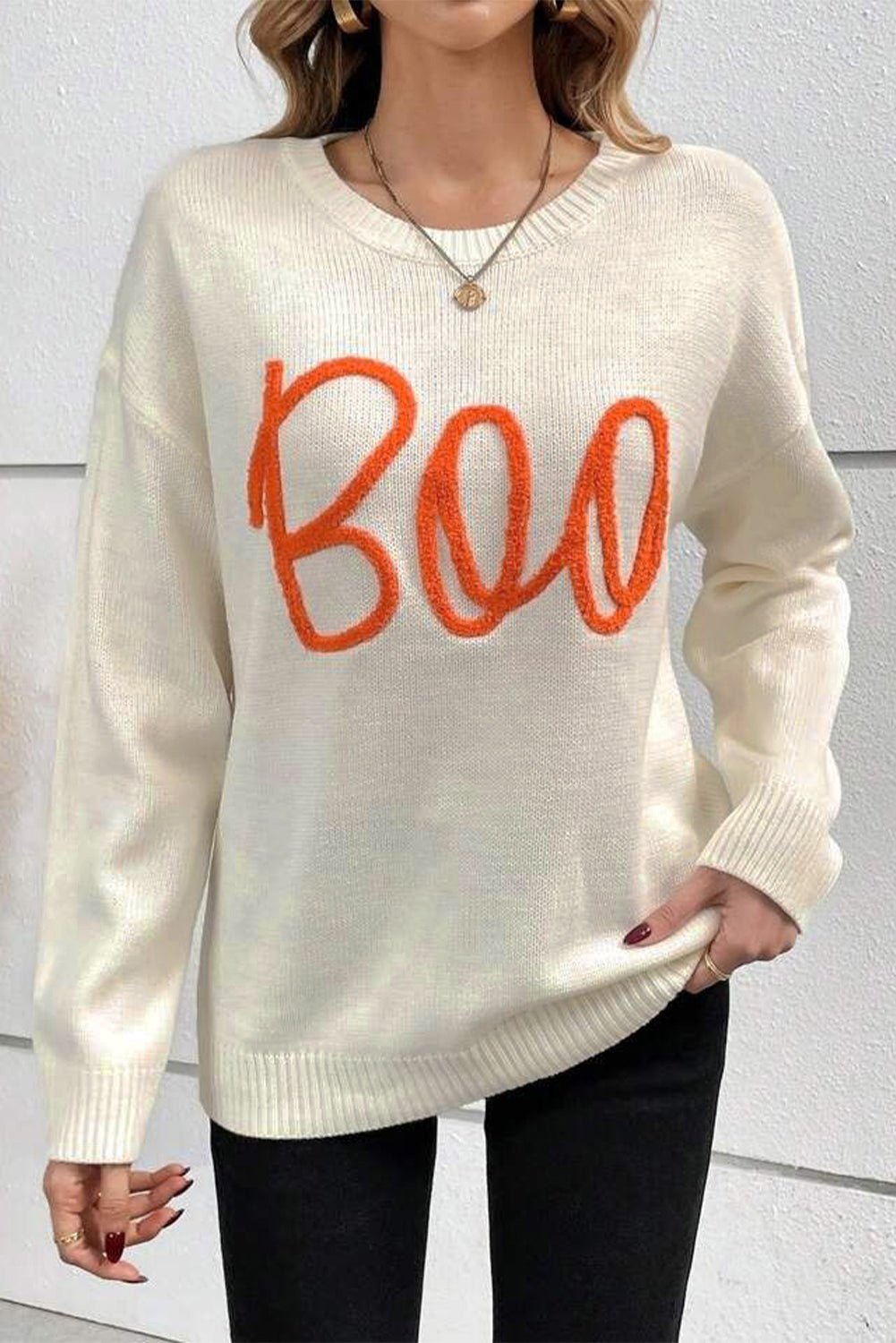 Apricot Boo Knitted Pattern Ribbed Edge Drop Shoulder Sweater